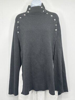 G.I.L.I. Gray Knit Sweater Poncho Cape Mock Neck Snap Shoulder Button Detail M/L
